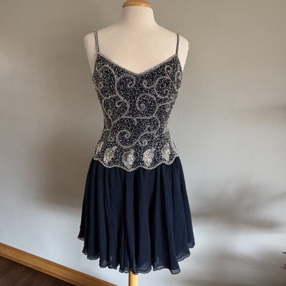 Vintage Oleg Cassini Navy 100% Silk Silver Pearl Beaded Party Dress | Sz 8 - Picture 2 of 14